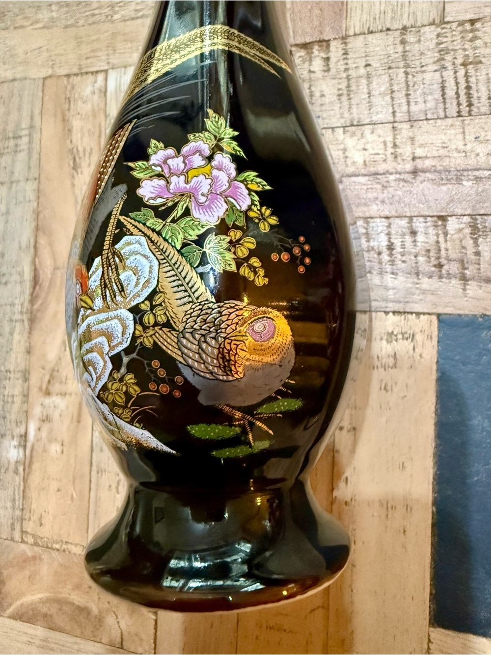 Vintage Japanese Brown Porcelain Vase Gold Gilded Pheasant Floral Design